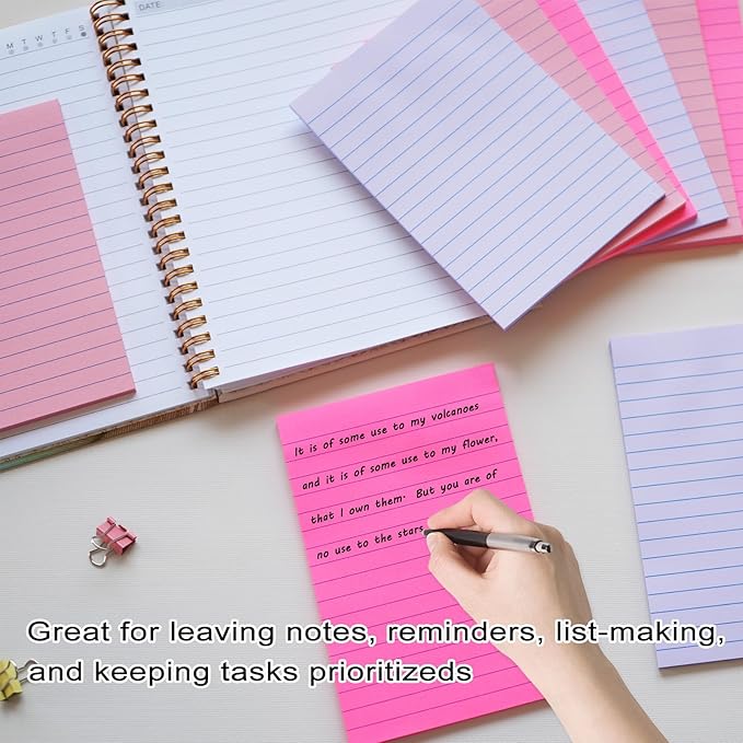 9 Pack Lined Sticky Notes 4X6 in Post Sticky Notes with Lines, Large Ruled Post Sticky Colorful Super Sticking Power Memo Pads Strong Adhesive (Pink Themed)