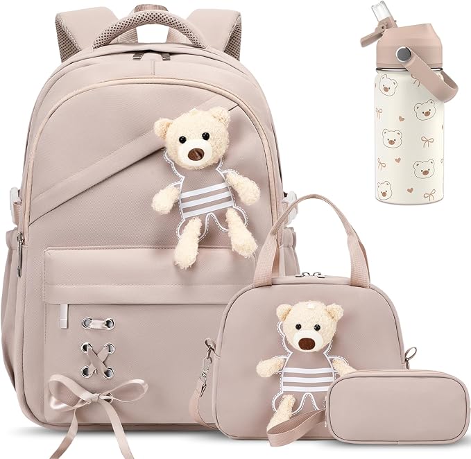 ACESAK Backpack for Girls with Insulated Water Bottle - 4 PCS Cute Girls Backpack with Lunch Box, Pencil Case & Kids Cup Set - 14oz Kids Water Bottle with Straw Set Back to School Supplies (Khaki)
