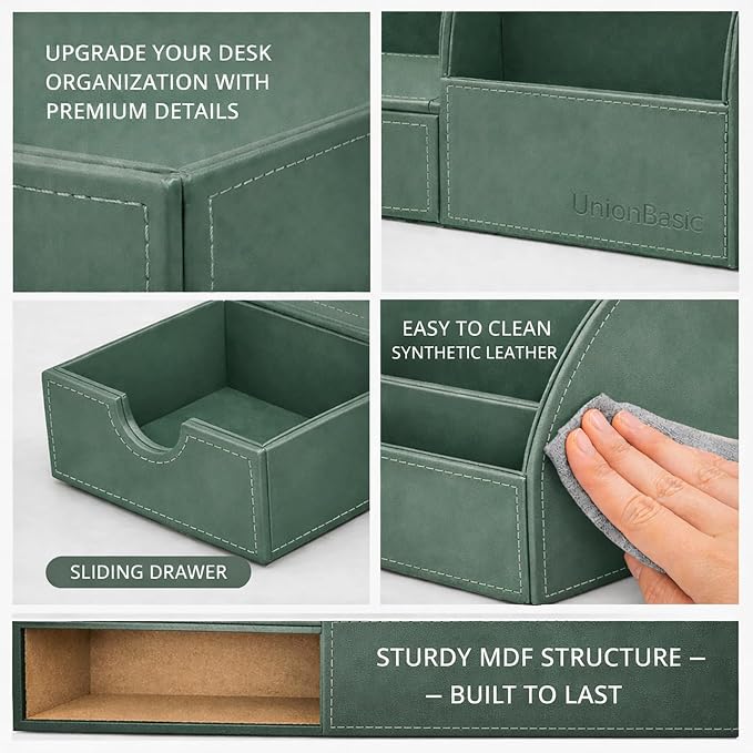 UnionBasic Desk Organizer - Multifunctional Leather Desktop Pen Holder Storage Box - Business Card/Pen/Pencil/Mobile Phone/Stationery Holder, Malachite Green