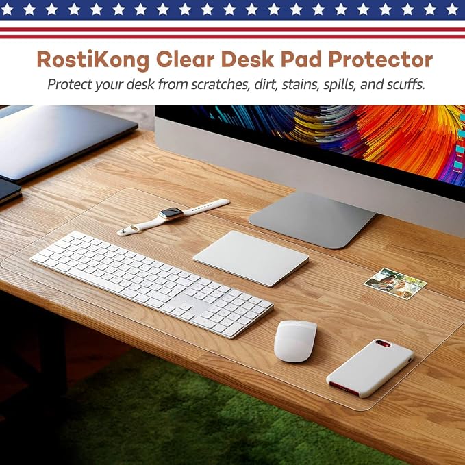RostiKong Clear Desk Pad Mat Blotter 16'' x 32'' Crystal Plastic Desk Mat on Top of Desks Waterproof PVC Desk Cover Protector Transparent Desk Writing Mat for Desktop Non-Slip Table Mat with Mouse Pad