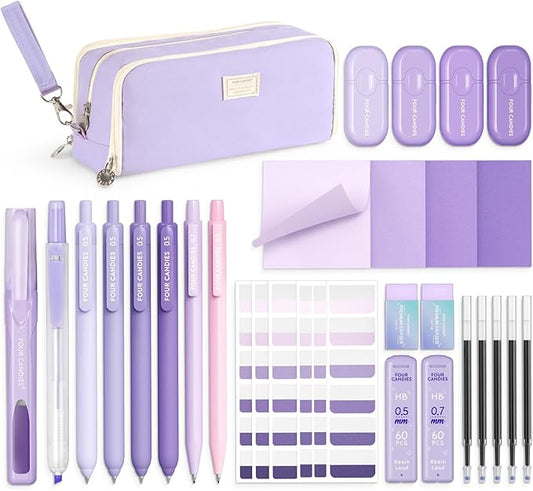 Four Candies Purple School Supplies, Gel Pens with Black Ink,Correction Tapes,Pastel Highlighters, Mechanical Pencils, Sticky Notes, Index Post for Bible Study Stationary College Essentials