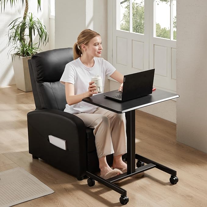DUMOS Small Standing Desk Mobile Portable Rolling Laptop PC Table on Wheels Adjustable Height Computer Workstation for Home Office, Space Saving Desk for Bedroom Study Use, 19 Inch, Black