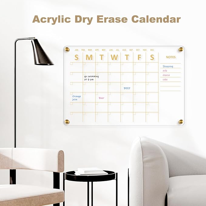 Large Acrylic Calendar for Wall, 24" X 16" Golden Clear Acrylic Wall Calendar, Clear Wet & Dry Erase Calendar Hanging Frameless Monthly Planner for Office, Home or School, 2 Markers