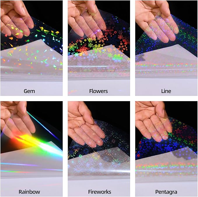 36 Sheets Holographic Laminate Sheets 8.5x11 Inch Self Adhesive 6 Patterns | Transparent Holographic Vinyl Laminate Film Waterproof Overlay Lamination for Sticker Paper, Photos, Crafts, Scrapbooking