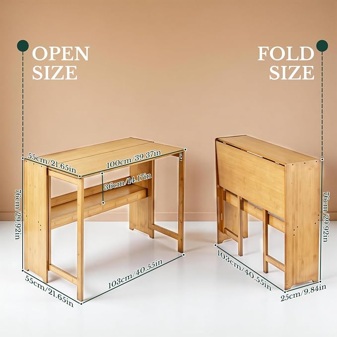 41'' Bamboo Folding Desk with Bookshelf, Space-Saving Computer Desk, Mid Century Modern Foldable Study Table for Home Office, Bedroom, Small Spaces - Primary Color