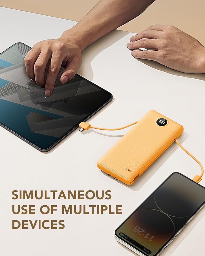 Portable Charger Built-in Cables and AC Wall Plug,VRURC Power Bank 10000mAh | Travel Battery Phone Charger Compact Lightweight External Battery Pack for Smart Phones, Tablets - Orange