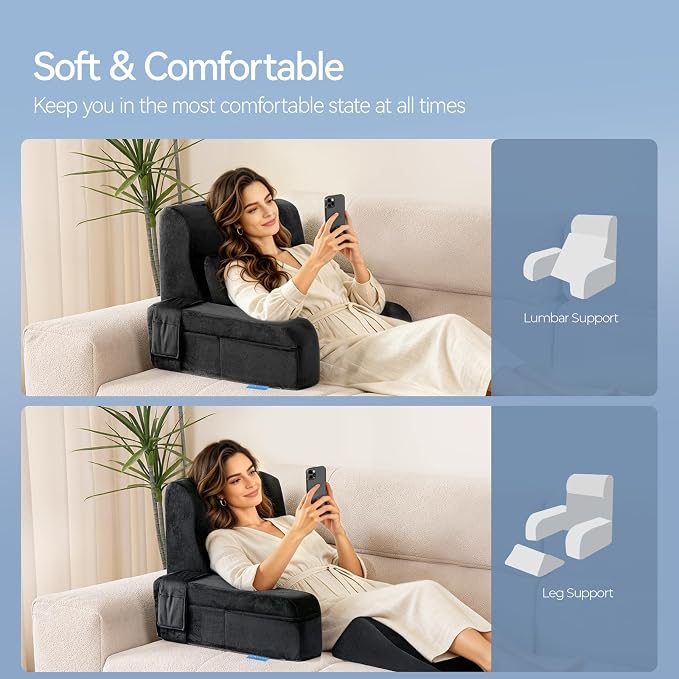 Kayfia Reading Pillow, Gel Memory Foam Back Rest Pillow, 21'', Black | 3 Storage Pockets, Dual-Use Back Leg Support Pillow, Detachable Armrests, Ideal for Reading, Gaming, Working on Bed & Couch