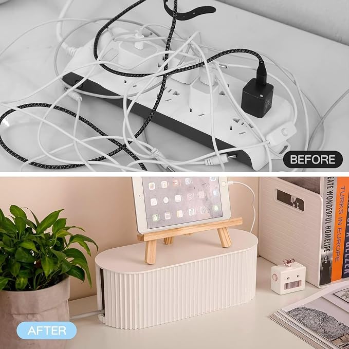 Cable Management Box,Desk Cord Organizer Box with Groove Cover,Plastic Cord Hider Box,Large Cable Box Organizer for Storaging Power Socket/TV/Computer/Router/Games Console Cable (White)