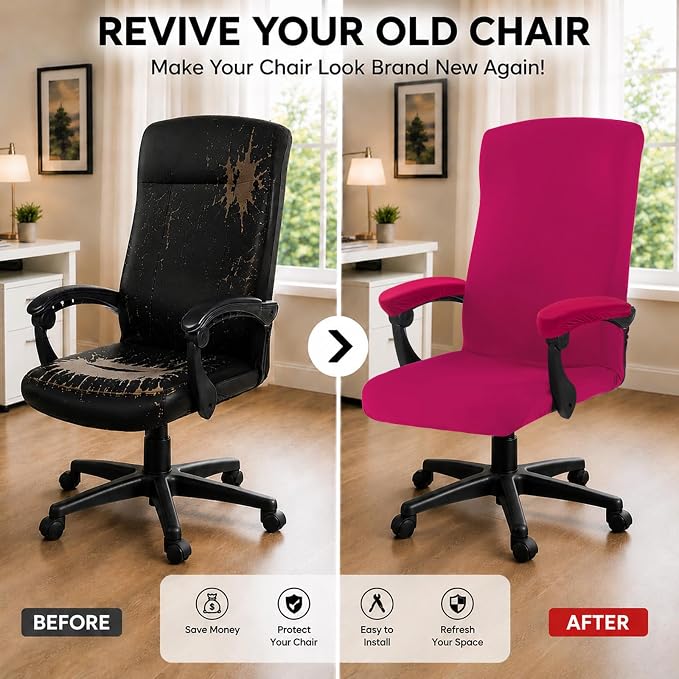 Stretch Computer Office Chair Cover with Armrest Covers Durable Zipper Universal Washable Removable Spandex Rotating Boss Chair Slipcovers Anti-dust Soft Desk Chair Seat Protector, Hot Pink