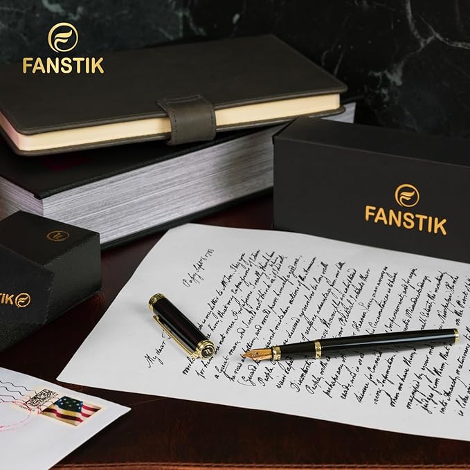 Customized Black & Gold Luxury fountain pen, fancy gift set for women, Real 24K Gold Plating, Professional executive pen gift set for men (Lux Custom-fountain Black-Gold)