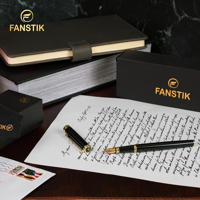 FANSTIK Customized Black & Gold Luxury fountain pen, fancy gift set for women, Real 24K Gold Plating, Professional executive pen gift set for men (Lux Custom-fountain Black-Gold)