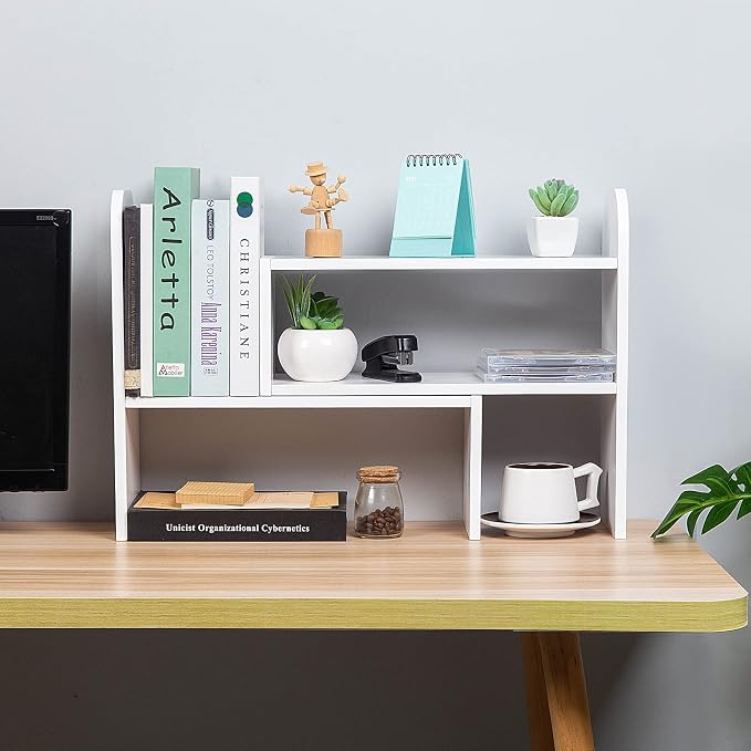 Desktop Adjustable Natural Wood Book Shelf Organizer Office Storage Rack Display Stand Caddy Set Expandable Desk Organizer (White)