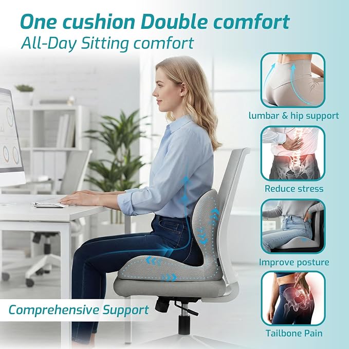 Ergonomic Seat Cushion, Office Chair Cushion with Lumbar Support Pillow, Memory Foam Seat Cushions for Office, Car, Home Chairs,Tailbone,Back Pain & Sciatica Relief,Improves Posture