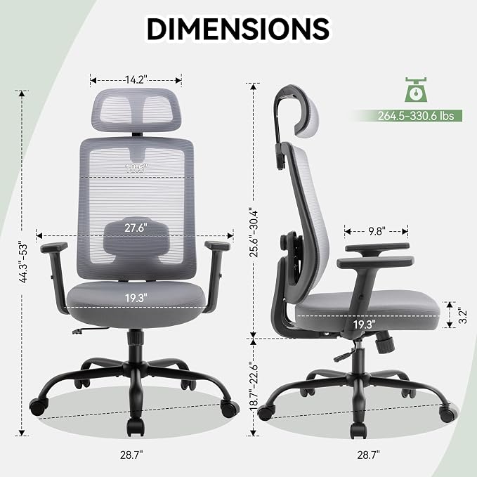 Office Chair with Mesh High Back, Ergonomic Office Desk Chair with Adjustable Lumbar Support, Rolling Work Chairs with Wheels and Headrest, Grey