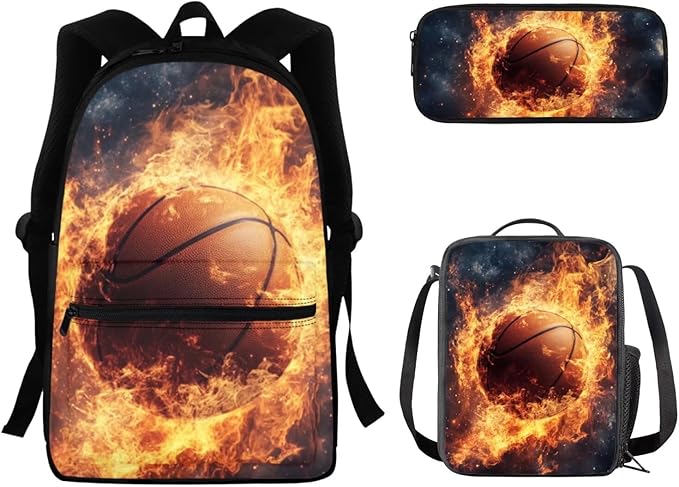 Fire Basketball Kids Backpack Large Capacity School Bag Book Bag for Kindergarten Boys Book Bag 3pcs School Bag Set with Lunch Box Pencil Case Back To School Supplies