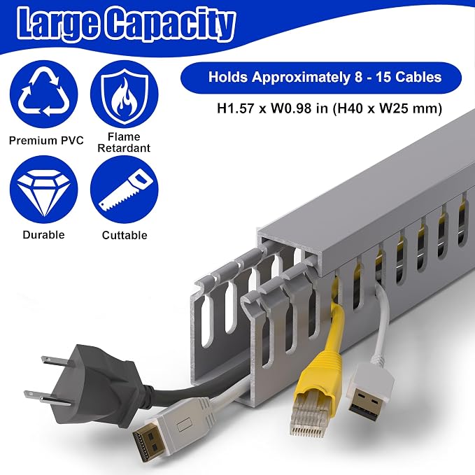 1.6" H x 1" W Cable Raceway, 132in Under Desk Wire Management Channel, Grey | Slotted Wire Duct, 8Pack, 16.5in Each, Heavy-Duty PVC Cable Management for Server Racks, Network Cables & Electrical Cabinets