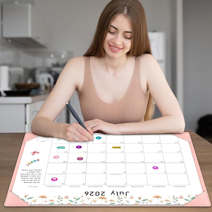 Gannyfer Desk Calendar 2026-2027 with Desktop Mat, Large 22" x 17" Desk Pad Calendar, 18-Month Calendar July 2026-Dec 2027, Office Supplies for Home School Office, Pink with 6 Stickers