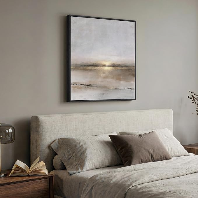 Framed Neutral Abstract Landscape Wall Art, Modern Gray Black Gold Canvas Prints Artwork for Walls, Minimalist Square Pictures for Living Room Bedroom Dining Room Hallway Office Wall Decor, 30x30 In