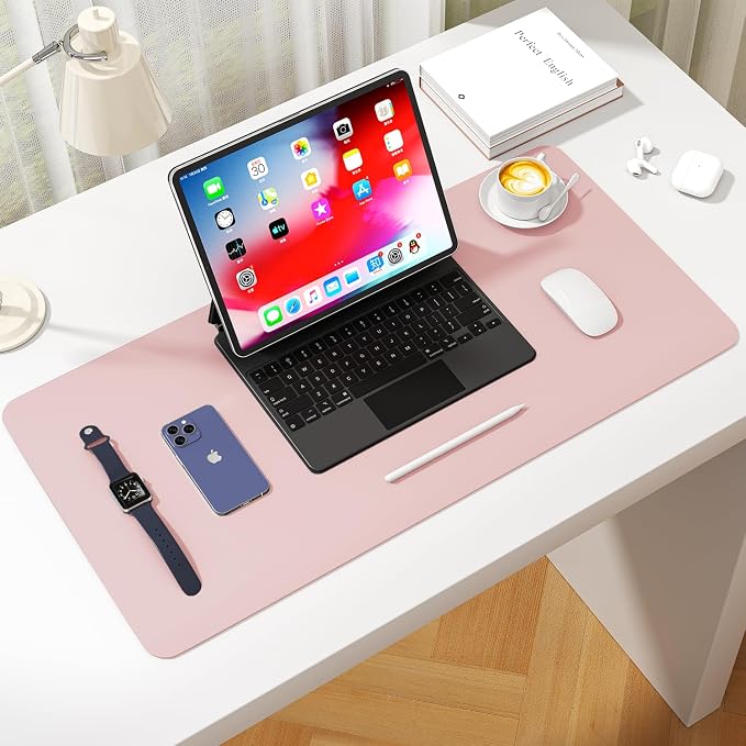 Leather Desk Pad Protector, Waterproof Mouse Pad, PU Desk Mat, Office Desk Cover, Desk Writing Mat for Office/Home/Work/Cubicle (Light Pink) 23.6x13.7 in