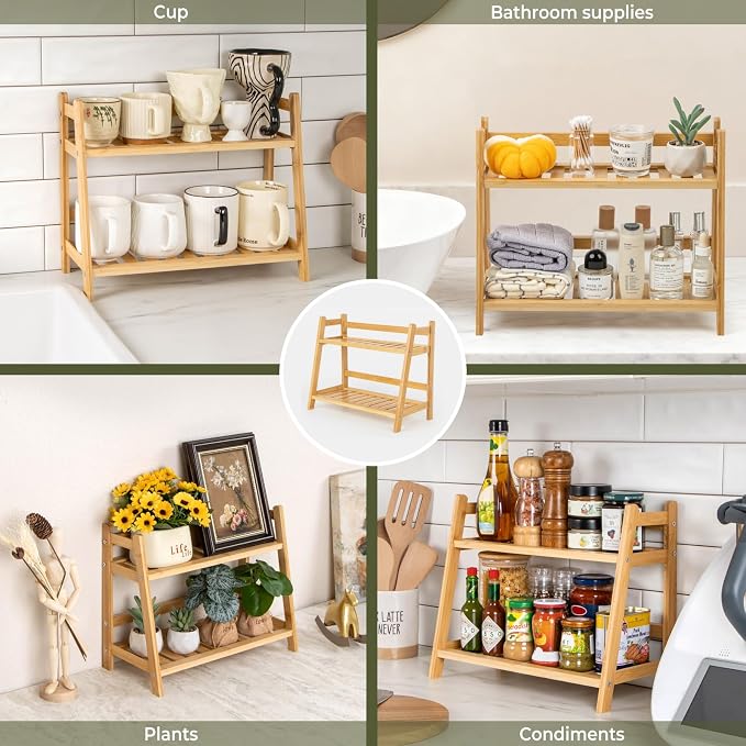 ANBOXIT Bamboo Matcha Station Organizer, Countertop 2 Tier Desktop Shelf | for Mugs, Cups, and Condiments - Ideal for Matcha & Coffee Accessories in Kitchen, Home, Office