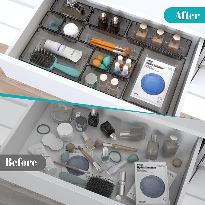 StorMiracle 23 PCS Clear Plastic Drawer Organizers Set, 4 Size Desk Drawer Organizer Trays for Makeup, Jewelry, Kitchen Utensils, Gadgets and Office Accessories, Black