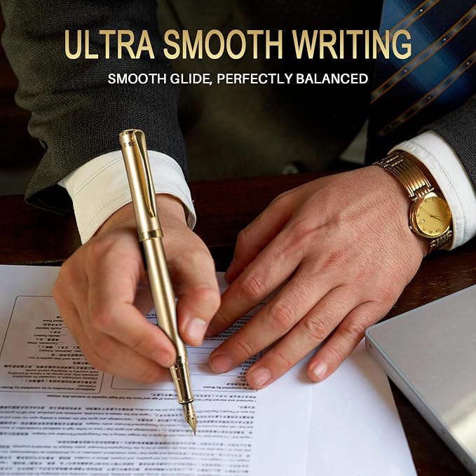 Fountain Pen with Medium Nib | Luxury Gold Finish, Smooth Ink Flow, Complete Set with Ink Cartridges, Converter & Sleeve | Ideal for Professionals, Office, Journaling, and Gifts