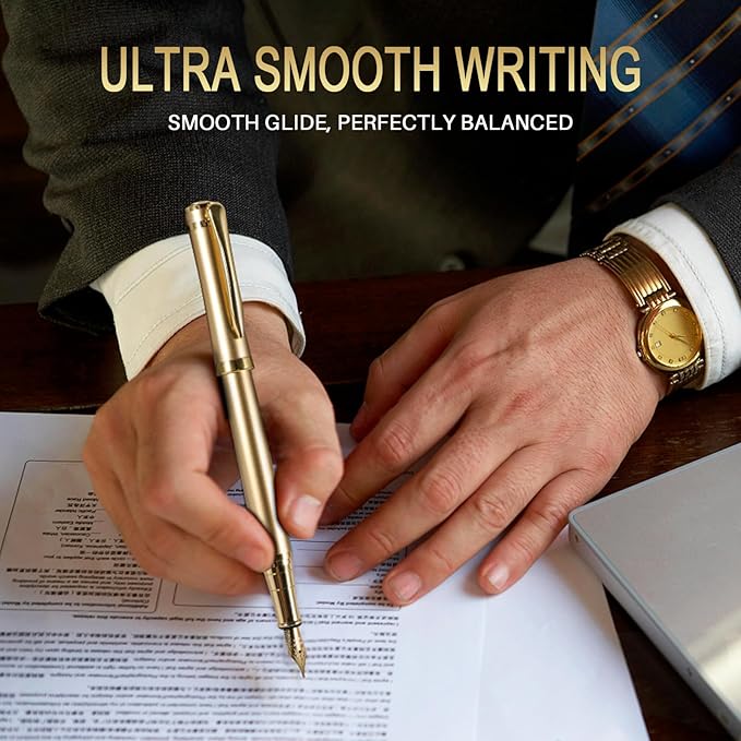 Fountain Pen with Medium Nib | Luxury Gold Finish, Smooth Ink Flow, Complete Set with Ink Cartridges, Converter & Sleeve | Ideal for Professionals, Office, Journaling, and Gifts