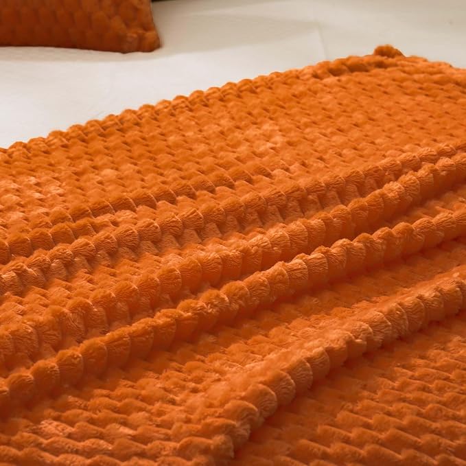 Vessia Flannel Fleece Queen Size Bed Blanket(90x90 inch), 3D Jacquard Burnt Orange Fuzzy and Warm Blanket for Adults, 300GSM Super Soft Touch Cozy Lightweight Home Decor for All-Season