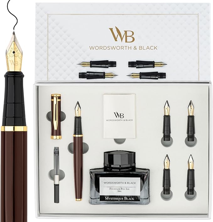 Wordsworth & Black Fountain Pen Gift Set, Includes Ink Bottle, 6 Ink Cartridges, A Refill Converter, 4 Replacement Nibs, Journaling, Calligraphy, Smooth Writing Pens [Brown Gold]