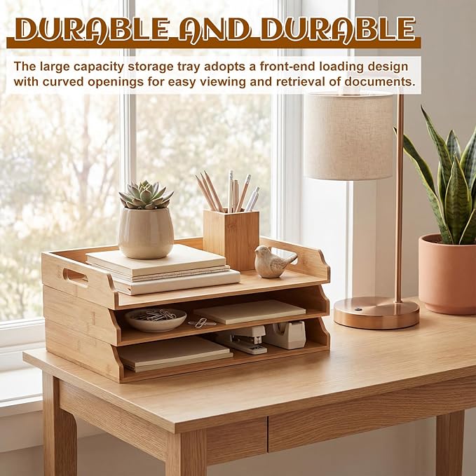 3 Pcs Stackable Paper Tray Bamboo Wood Desk Organizer Letter Tray 3 Tier Wooden File Organizer Desk Shelf for Documents, Letter Sorter, Envelopes and Magazine Holder