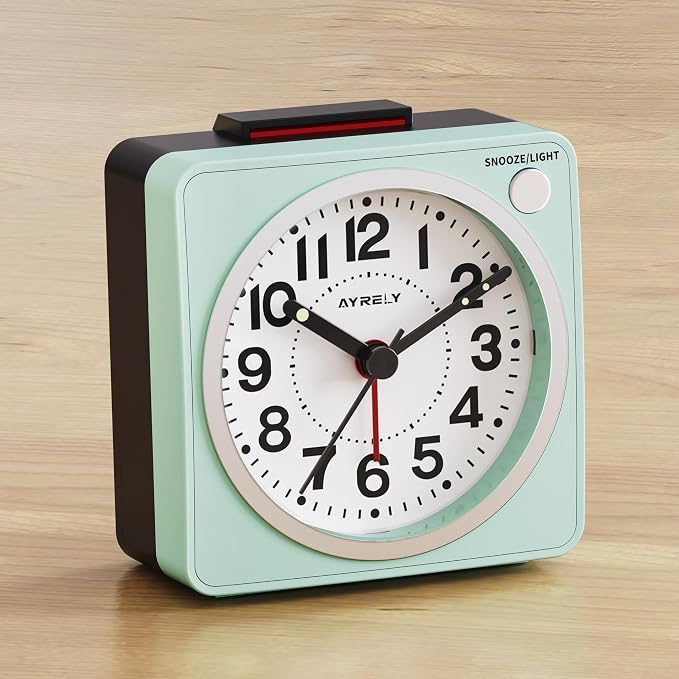AYRELY® 2.6" × 1.4" Ultra Small Battery Operated Analog Travel Alarm Clock | Silent Non-Ticking Retro Bedside Table Clock with Snooze, Light and Easy Top Alarm Switch for Travel and Bedrooms (Sky Blue)