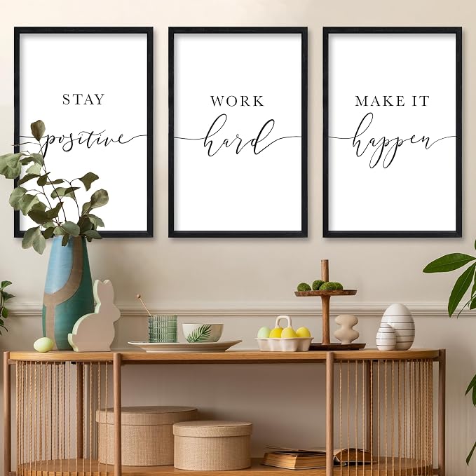 RLWangChao Inspirational Quotes Wall Art Decor 16"X24" 3 Piece Modren Office Stay Positive Work Hard Make It Happen Motivational Wood Framed Sign Living Room Positive Wall Hanging Decoration (Black)
