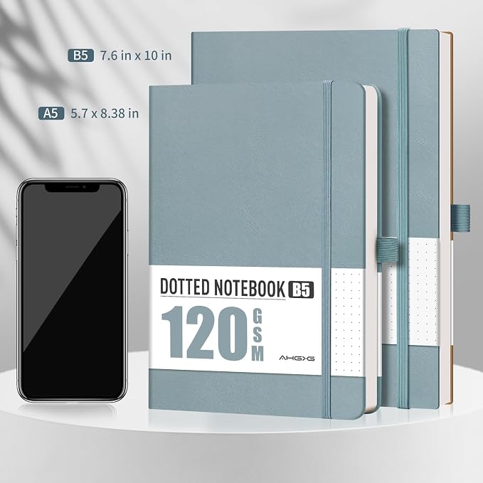 AHGXG Dotted Journal - Dot Grid Notebook Journal, 120 GSM Thick Acid-Free Paper, Large B5 Dotted Notebook 96 Pages, Leather Softcover, Inner Pocket, Journal Stencil, 7.6'' X 10'', Gray Blue