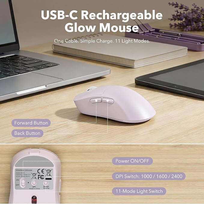 Wireless Keyboard and Mouse Combo, Backlit Round Keycaps, Retro Typewriter Keyboard with Magnetic Wrist Rest, USB-C Rechargeable & Tilt Legs, 2.4GHz Cordless for Mac Windows PC (Glowing Pastel Purple)