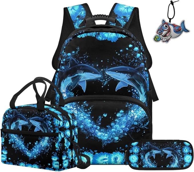 ZFRXIGN Shark Teen Boys Backpack for School with Cute Pendant 4PCS Backpack Set 17inch Middle High School Bag and Lunch Box Pencil Case Back to School Supplies