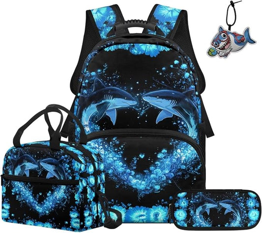 ZFRXIGN Shark Teen Boys Backpack for School with Cute Pendant 4PCS Backpack Set 17inch Middle High School Bag and Lunch Box Pencil Case Back to School Supplies