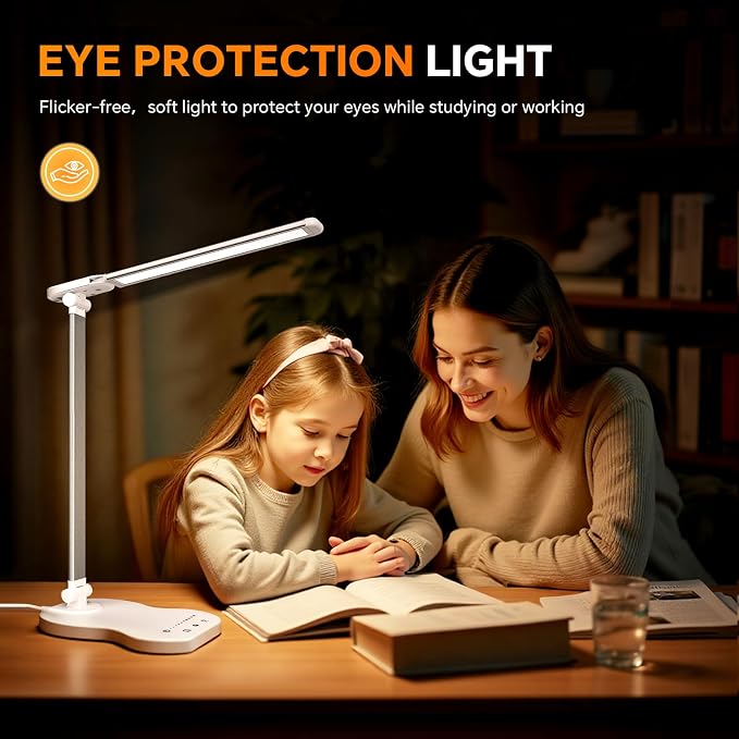 Desk Lamps for Home Office, Dimmable LED Desk Lamp, 5 Color Modes, 10 Brightness, Touch Desk Light with USB Charging Port for Nail Craft Puzzle Sewing Study - White