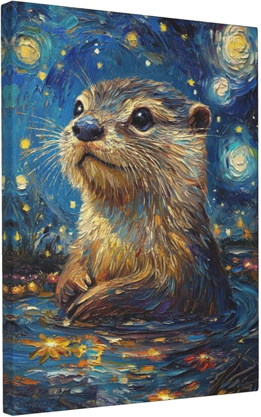 Otter Starry Night Canvas Wall Art Animal Pictures for Kitchen Living Room Bedroom Bathroom Office,Otter Abstract Print Otters Painting Home Modern Art Work Framed Wall Art Decor 20" x 16"