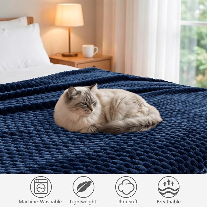 Vessia Flannel Fleece Throw Blanket(50x70 inch), 3D Jacquard Navy Fuzzy and Warm Blanket for Couch, Sofa, Bed, Chair, 300GSM Super Soft Touch Cozy Lightweight Throw for All-Season Home Decor