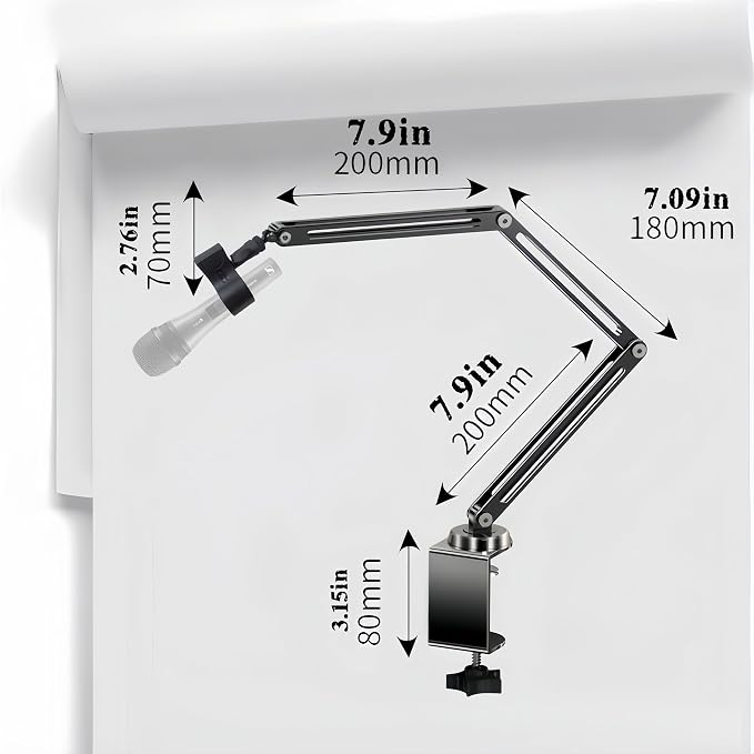 Low Profile Mic Boom Arm, 360° Rotatable 3-Section Foldable Desk Microphone Stand, 2.5kg Heavy Duty C Clamp Mic Mount with 1/4 3/8 5/8 Screw Adapter for Streaming Podcast(C Clamp Mount)