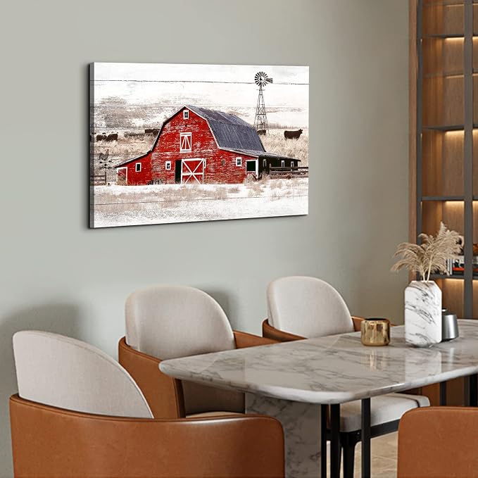 Country Old Barn Landscape Wall Art Farmhouse Windmill Wall Decor for Living Room Kitchen Office Vintage Highland Cow Poster Canvas Prints Rustic Meadow Scenery Painting Artwork Decorations 24x36”