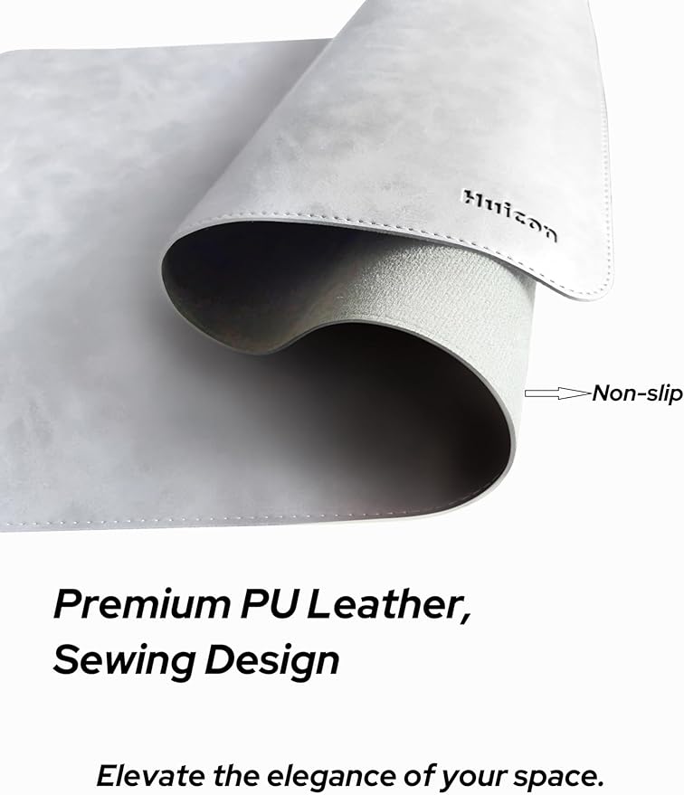 Leather Desk Mat,31.5"x15.7" Non-Slip PU Leather Desk Pad, 2mm Thick Desk Blotter with Stiched line, Retro Large Mouse Pad, Laptop Pad for Office & Home Use (Light Grey)