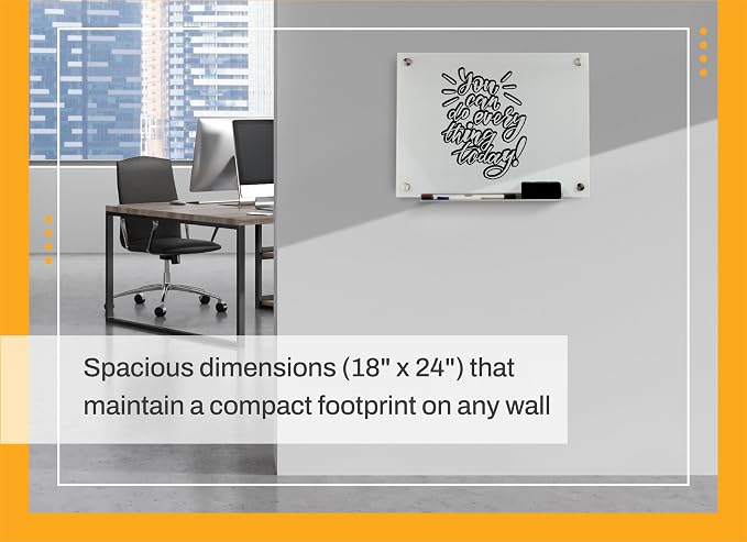 Real Glass Dry Erase Board, 18" x 24", Tempered Glass Surface, Frameless Wall Mount, with 4 Assorted Color Markers and Eraser, by Better Office Products (Bright White)