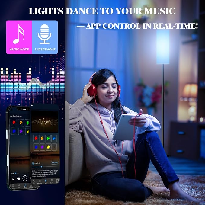 Qaubauyt Smart LED Floor Lamp with APP Control & RGB Colors - Dimmable Standing Lamp for Living Room, Bedroom, Gaming - Remote, Timer, 9W Bulb Included, 67" Modern Tall Lamp (C:Black Beige)
