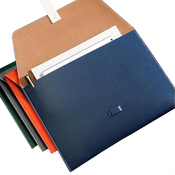PU Leather A4 File Folder Large Document Holder Waterproof Envelope Folder Case with Handmade Closure (Blue)