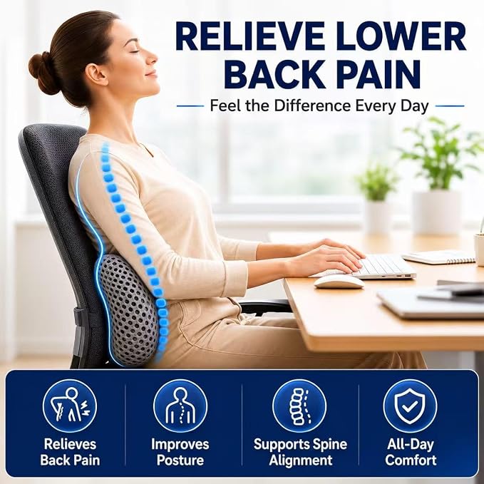 Ergonomic Lumbar Support Pillow, Memory Foam Back Cushion | Back Pillow for Low Back Pain Relief, Ergonomic Streamline Car Seat, Office Chair, Recliner and Bed