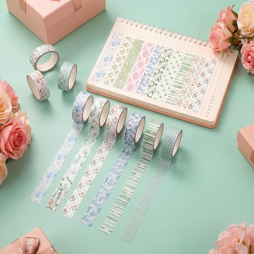 12 Rolls Watercolor Floral Washi Tape Set 15 mm Vintage Flower Decorative Masking Tape for Summer School Arts DIY Craft Scrapbook Journal Supplies Gifts(Pink and Green,Spring)