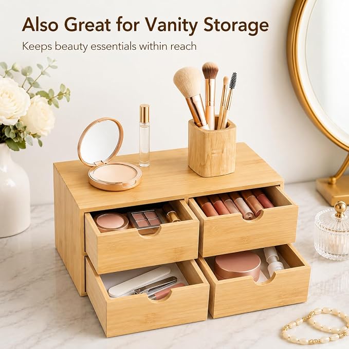 Bamboo Desk Organizer, 4-Drawer Wooden Desk Organizer with Full Pull-out Drawers, No Assembly Bamboo Storage Drawer for Office Supplies Cosmetics