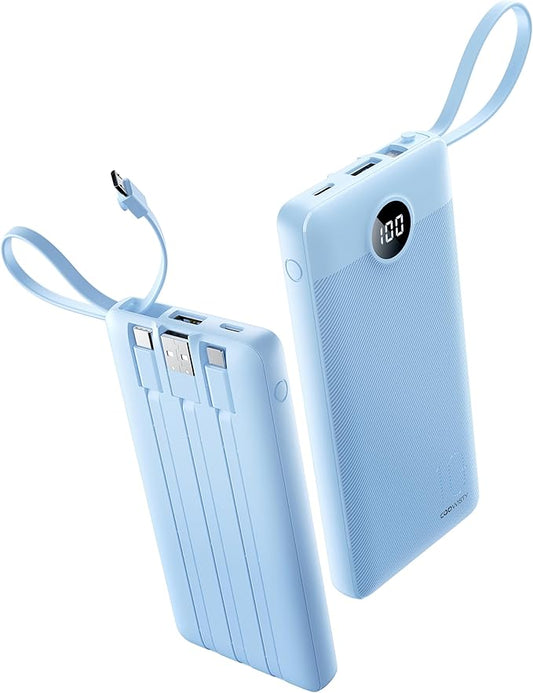 10000mAh Portable Charger, Slim Power Bank with Built-in Cables, Battery Pack 5 Outputs 2 Inputs LED Display Compatible with iPhone/Android & More (Blue)