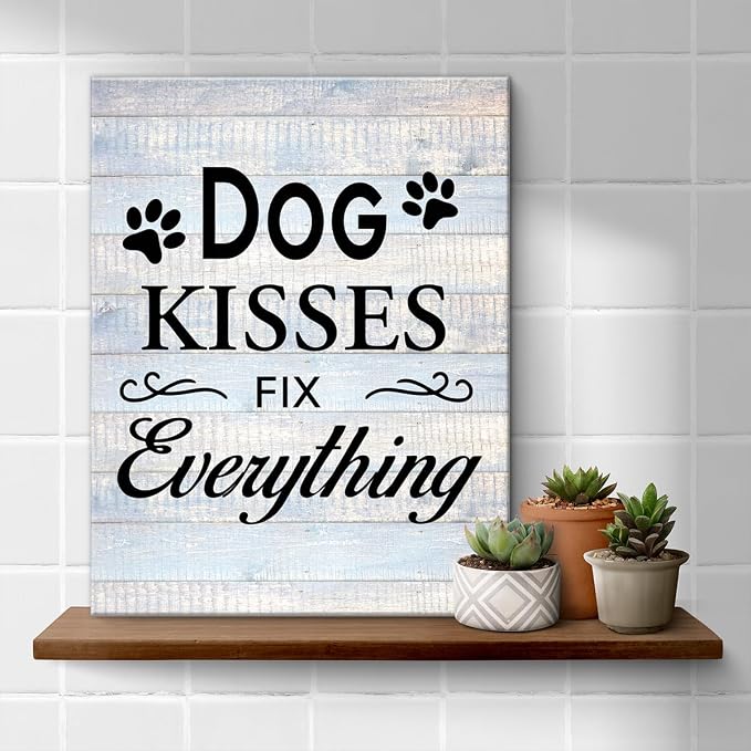 Funny Farmhouse Dog Canvas Wall Art Decor Dog Kisses Fix Everything Rustic Sign Painting Plaque Vintage Animal Pictures Print Home Decoration (11.5 X 15 Inches, Framed)